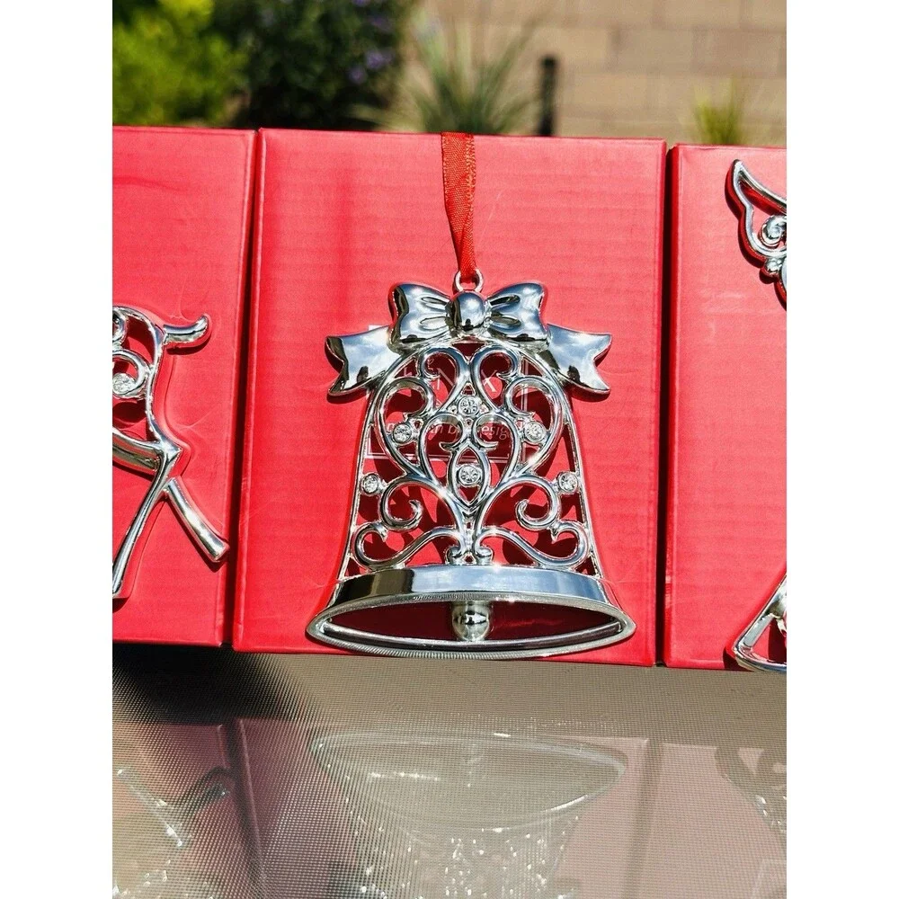 Lot of 5 LENOX Sparkle and Scroll Clear Crystal Silverplate Christmas Ornaments